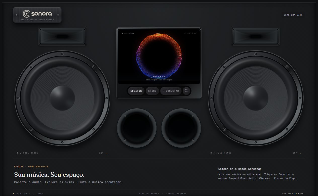 Interface real do SONORA, com dois woofers e visualizador Solaris
